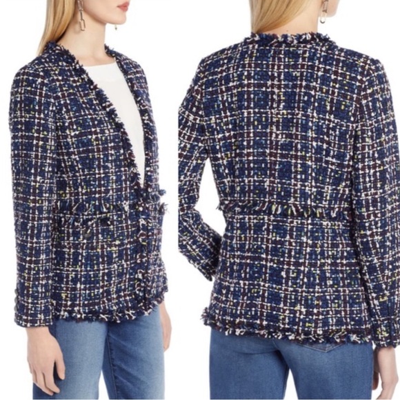 HALOGEN Tweed Blue Navy Textured Fringe Casual Blazer Jacket Button Pockets XS - Picture 3 of 13